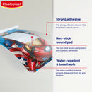 Marvel superhero bandage with Elastoplast branding and features listed on a gray background