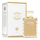 Gold and white Lattafa perfume bottle with packaging on a white background