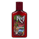 Red bottle of Reef Coconut Dry Sun Tan Oil with SPF 30 on a white background
