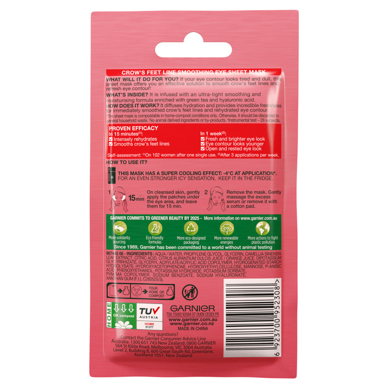 Garnier Hydra Bomb Hyaluronic Acid + Green Tea Anti Ageing Eye Sheet Mask 6g
