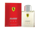 A bottle of Ferrari Red Scuderia Eau de Toilette with a white label and red cap, accompanied by its red packaging box.