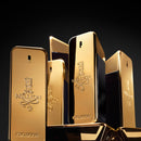 Gold perfume bottles with '1 Million' branding on a black background