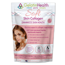 A stand-up pouch of GelatinHealth Soft Skin Collagen supplement, featuring a white and pink design with a model photo, product benefits, and certification icons on a white background.