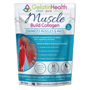 A stand-up pouch of GelatinHealth Muscle Build Collagen powder, featuring a white and teal design with an anatomical illustration of a muscle and product benefits listed on the front.