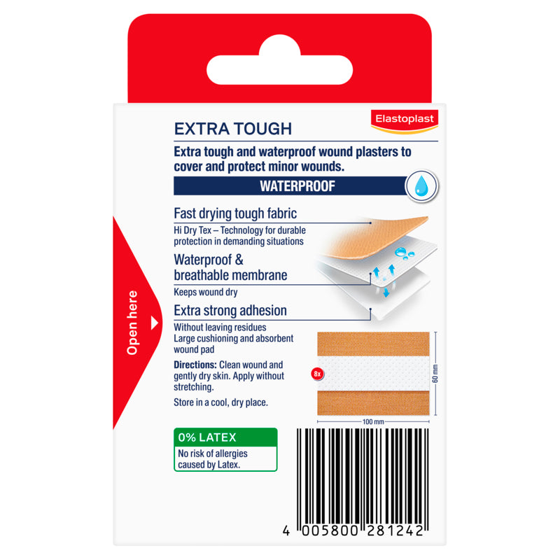 Elastoplast Extra Tough Waterproof Plaster 10cm x 6cm 8 Pack