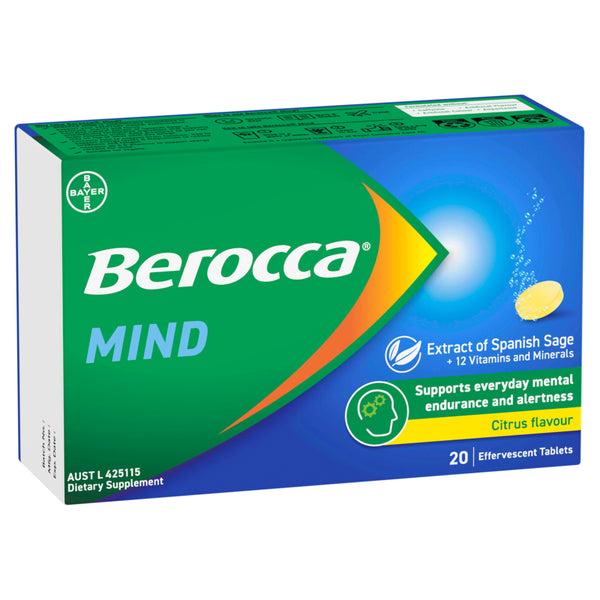 Berocca Mind Citrus Effervescent Tablets, Vitamin B & C, Magnesium, Zinc and Extract of Spanish Sage 20 Pack