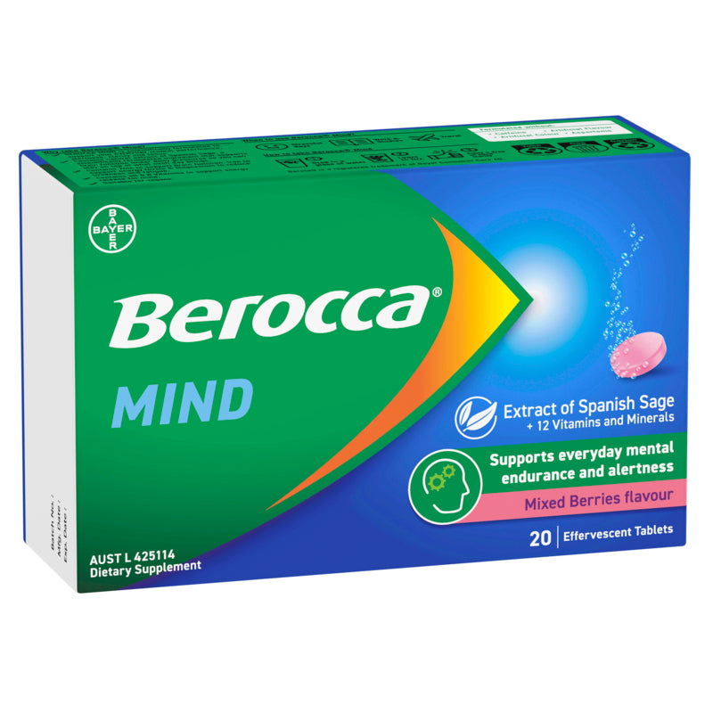 Berocca Mind Mixed Berries Effervescent Tablets, Vitamin B & C and Extract of Spanish Sage 20 Pack