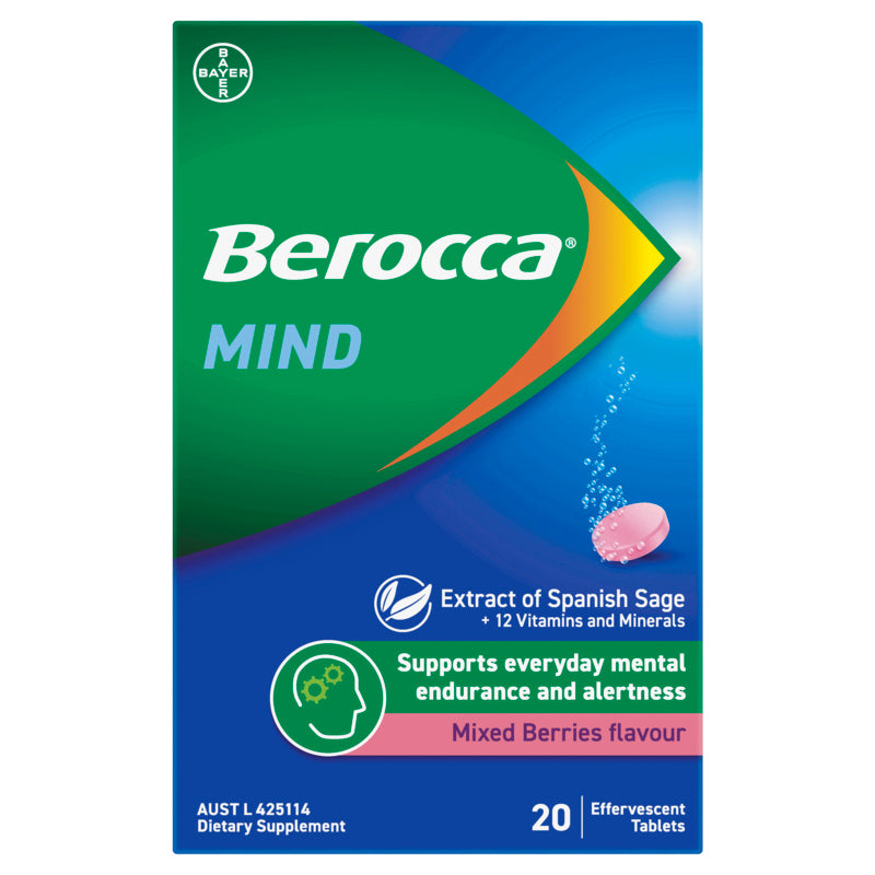 Berocca Mind Mixed Berries Effervescent Tablets, Vitamin B & C and Extract of Spanish Sage 20 Pack