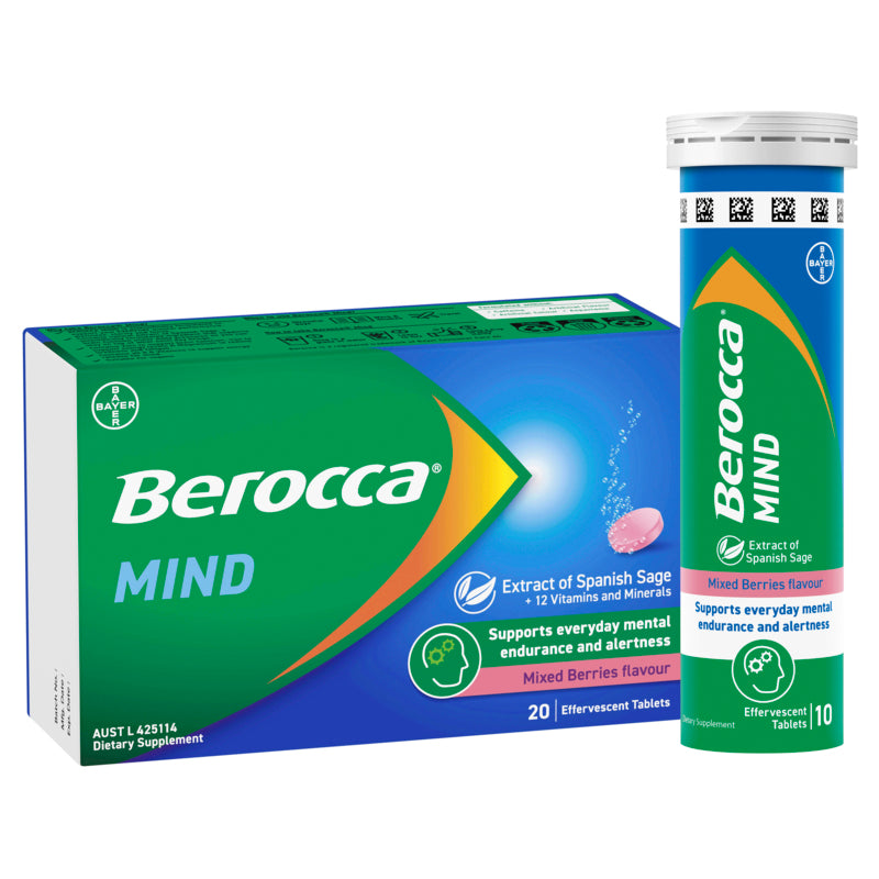 Berocca Mind Mixed Berries Effervescent Tablets, Vitamin B & C and Extract of Spanish Sage 20 Pack