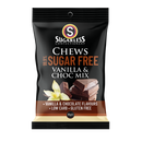 Packaging of Sugarless Confectionery Vanilla & Choc Mix Chews. The package is black with images of vanilla and chocolate flavored chews, and the brand's logo.