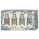 Set of four perfume bottles in a decorative box with floral patterns