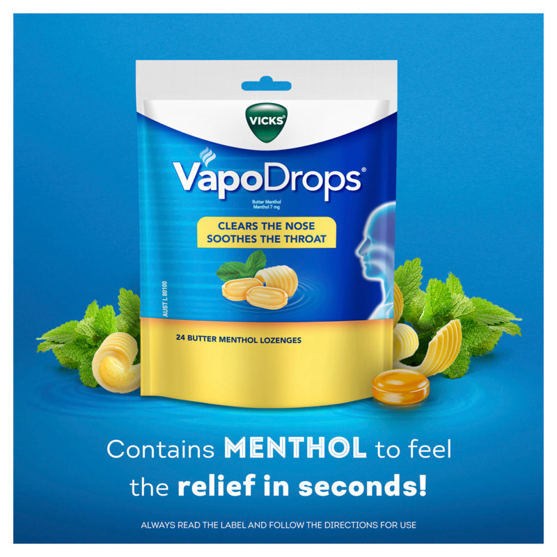 Vicks VapoDrops Butter Menthol Cough Cold 24 Lozenges