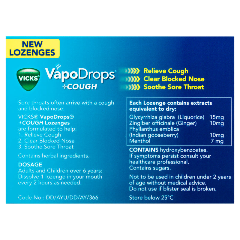 Vicks VapoDrops + Cough Honey Lemon Menthol 16 Lozenges