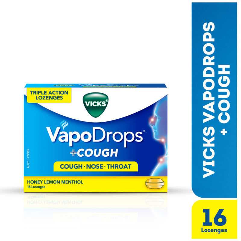 Vicks VapoDrops + Cough Honey Lemon Menthol 16 Lozenges