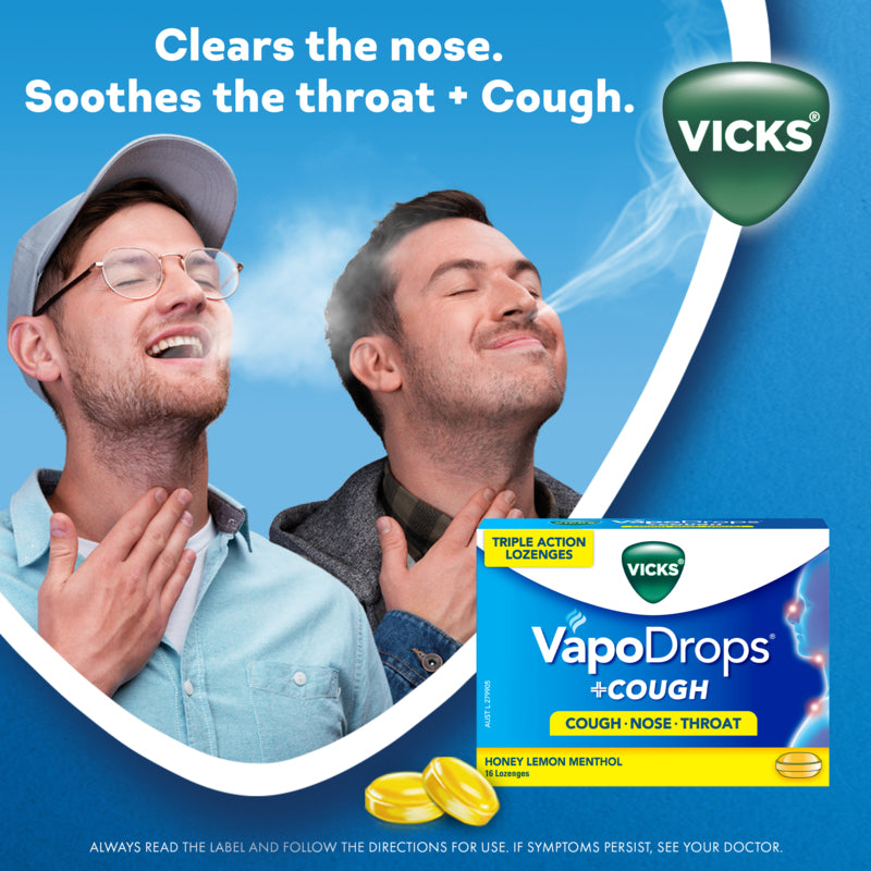 Vicks VapoDrops + Cough Honey Lemon Menthol 16 Lozenges