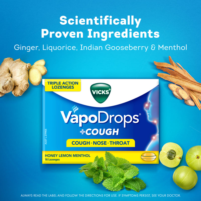 Vicks VapoDrops + Cough Honey Lemon Menthol 16 Lozenges