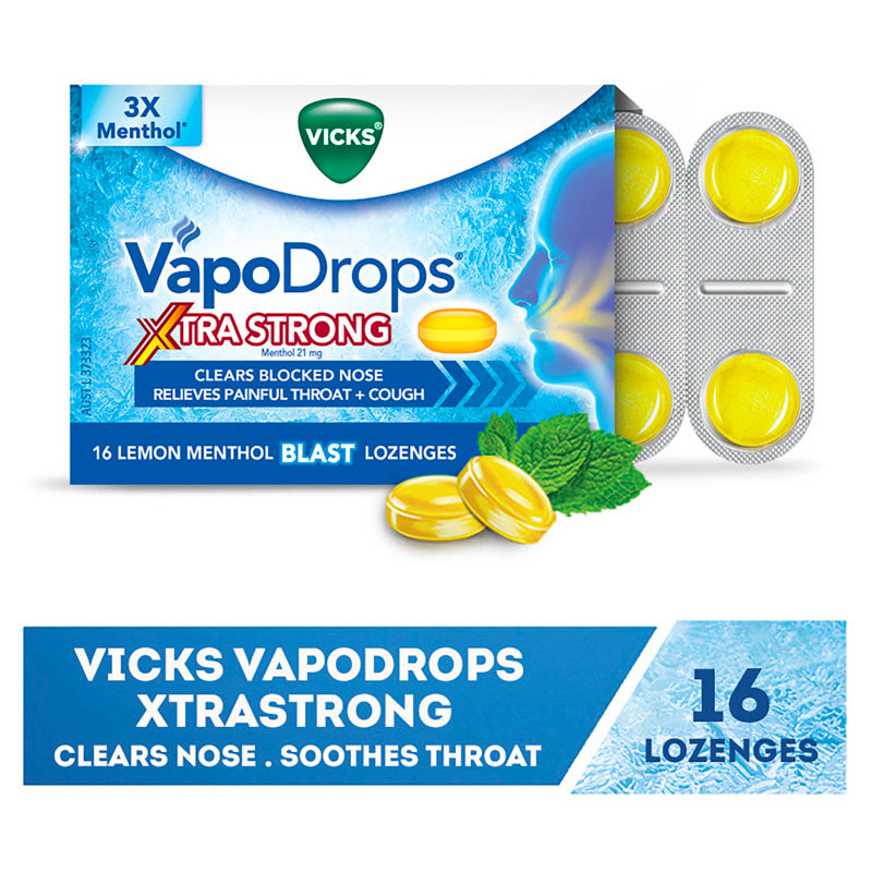 Vicks VapoDrops Xtra Strong Lemon Menthol Blast 16 Lozenges