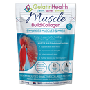 A 500g stand-up pouch of GelatinHealth Muscle Build Collagen powder. The packaging is white with a prominent teal blue section, featuring a graphic of a red muscle on the left.