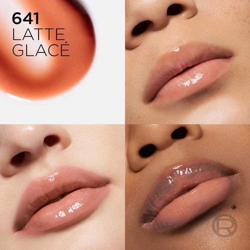 Lipstick shade 641 Latte Glace shown on a model's lips with close-up details.