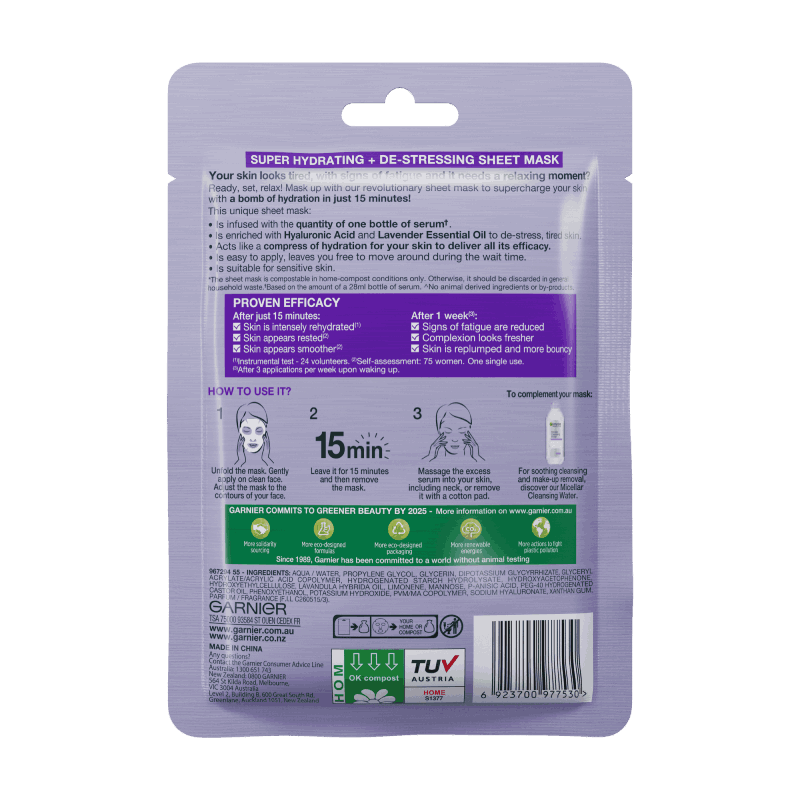 Garnier Skin Active Hydra Bomb Hyaluronic Acid + Lavender De-Stressing Sheet Mask