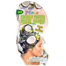 7 Heaven Coconut Protein Rescue Masque in a clear blister pack with a printed insert card. The packaging features a graphic illustration of a woman with blackened hair wrapped in a coconut half, with plumeria flowers, and text indicating it is for hair and roots.