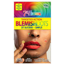 Front of the retail box for 7th Heaven BlemishDots Targeted Action makeup dots, showing a rainbow swirl, the product name, and a close-up of a face with small colorful dots applied near the nose and lips.