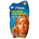 7th Heaven Nourish and Renew Manuka Honey Peel-Off Mask in a blue squeeze pouch with a photo of a woman wearing an orange peel-off mask, on a white background.