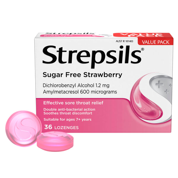 Strepsils Sore Throat Relief Sugar Free Strawberry Lozenges 36 Pack