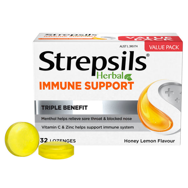 Strepsils Herbal Immune Support Lozenges Honey Lemon 32 Pack