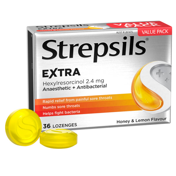 Strepsils Extra Honey & Lemon Fast Numbing Sore Throat Pain Relief with Anaesthetic Lozenges 36 Pack