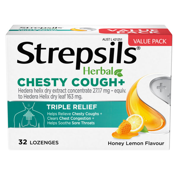 Strepsils Herbal Chesty Cough+ Triple Relief Sore Throat Lozenges Honey Lemon 32 Pack