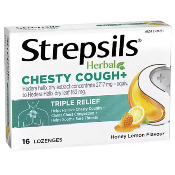 Strepsils Herbal Chesty Cough+ Triple Relief Sore Throat Lozenges Honey Lemon 16 Pack