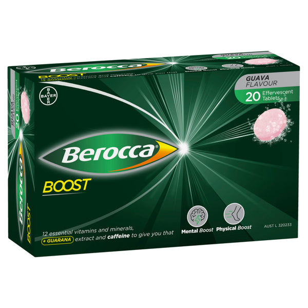 Berocca Boost Vitamin B & C Guava Flavour With Guarana Energy Effervescent 20 Tablets