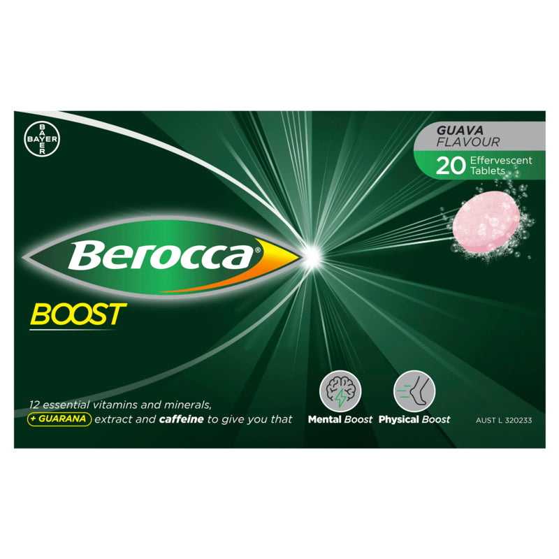 Berocca Boost Vitamin B & C Guava Flavour With Guarana Energy Effervescent 20 Tablets