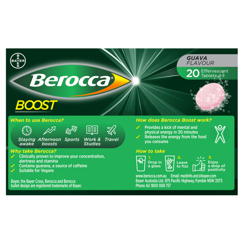 Berocca Boost Vitamin B & C Guava Flavour With Guarana Energy Effervescent 20 Tablets