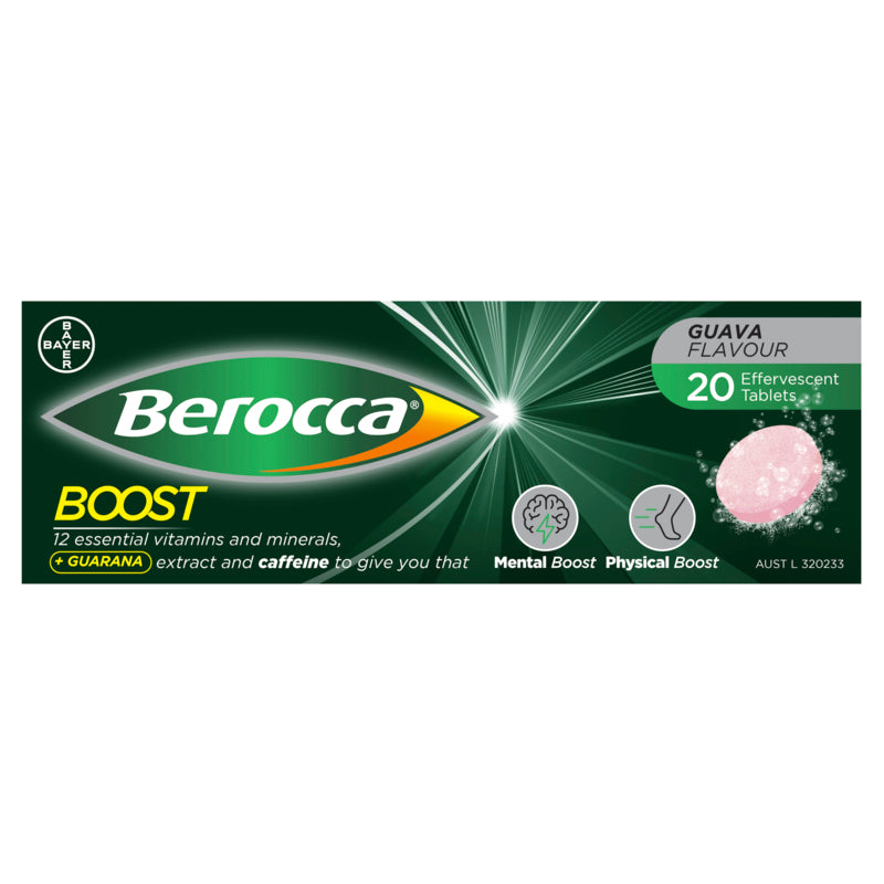 Berocca Boost Vitamin B & C Guava Flavour With Guarana Energy Effervescent 20 Tablets