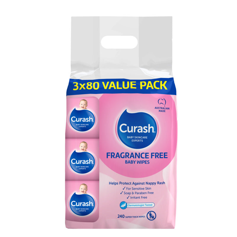 Curash Baby Wipes Fragrance Free 3 x 80 Value pack