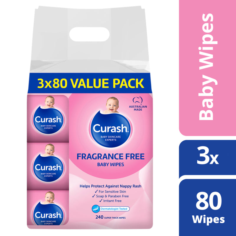 Curash Baby Wipes Fragrance Free 3 x 80 Value pack