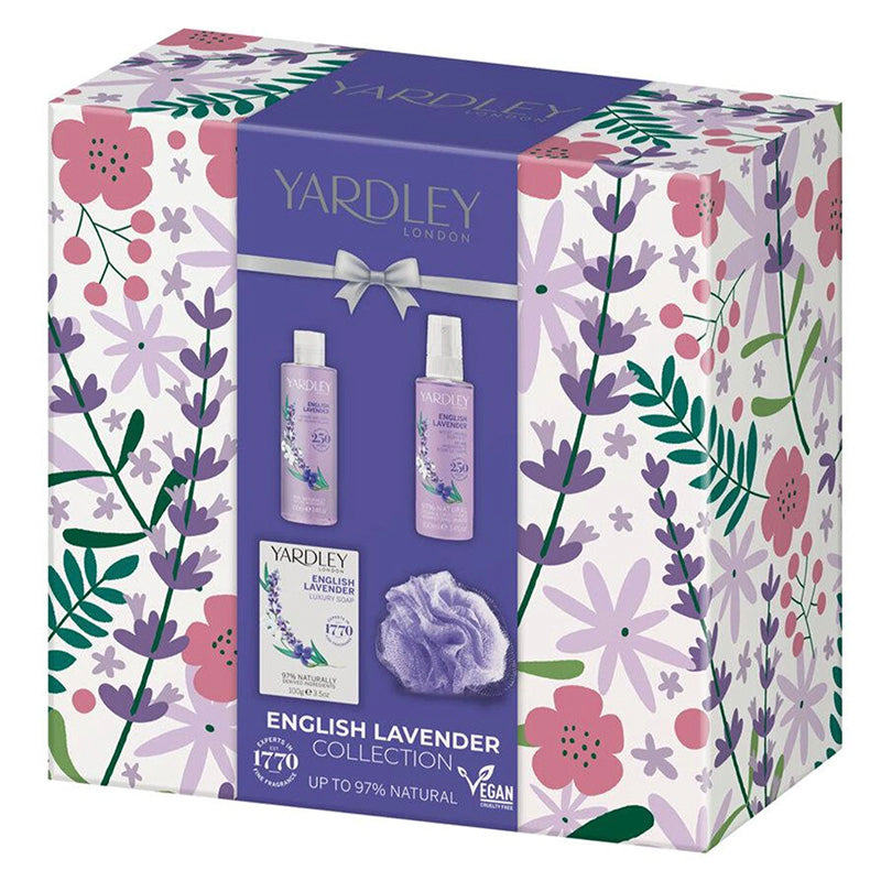 Yardley English Lavender 4 Piece Gift Set - Body Wash 100ml, Body Moisturiser 100ml, Soap 100g & Sponge