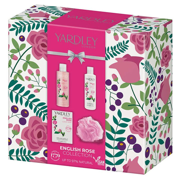 Yardley English Rose 4 Piece Gift Set - Body Wash 100ml, Body Mist 100ml, Soap 100g & Sponge