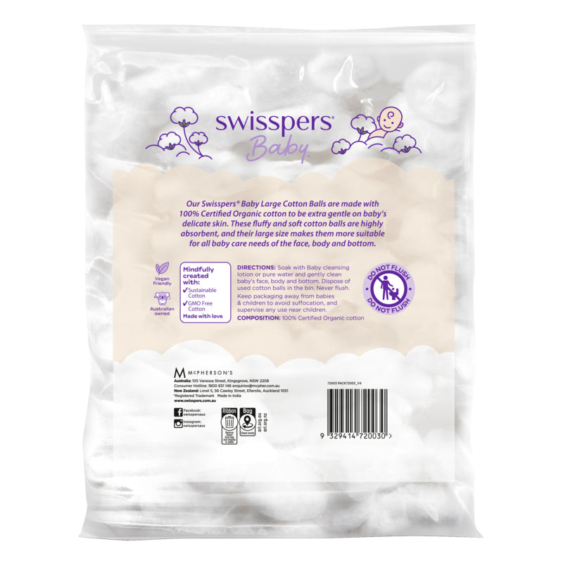 Swisspers Baby Organic Large Cotton Balls - 60 Pack