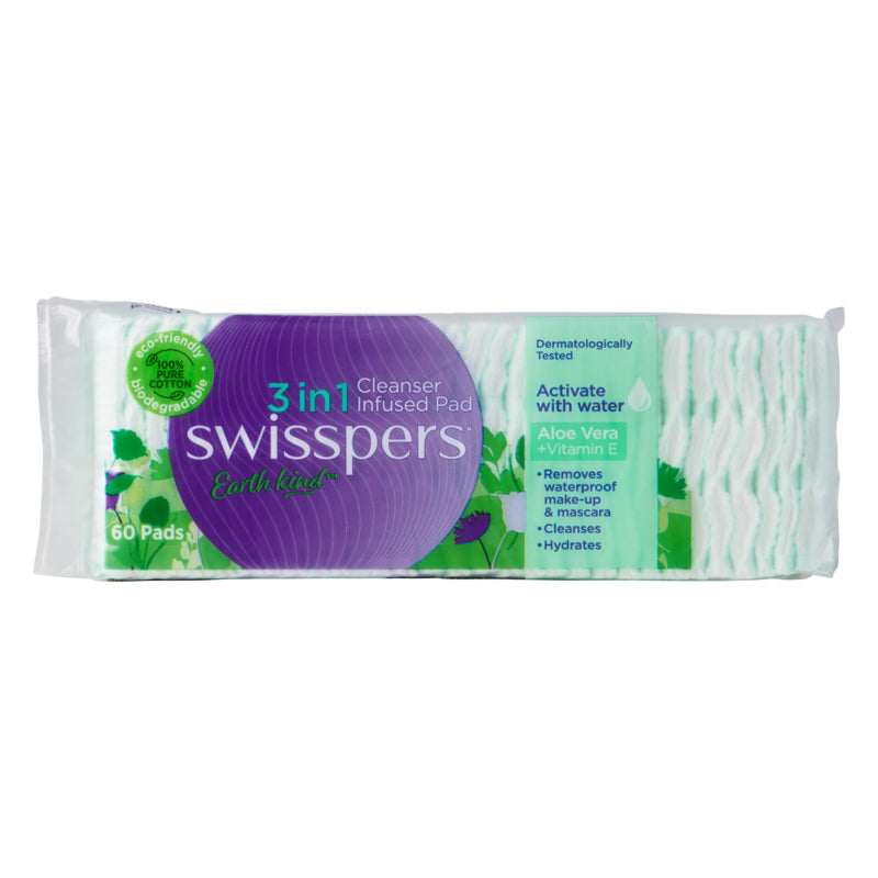 Swisspers Earth Kind 3in1 Cleaner Aloe Vera & Vitamin E Infused 60 Pads