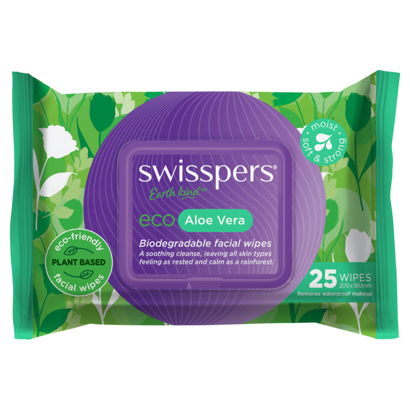 Swisspers Eco Aloe Vera Biodegradable Facial Wipes - 25 Pack