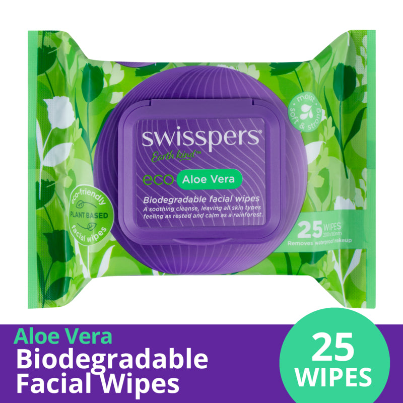 Swisspers Eco Aloe Vera Biodegradable Facial Wipes - 25 Pack