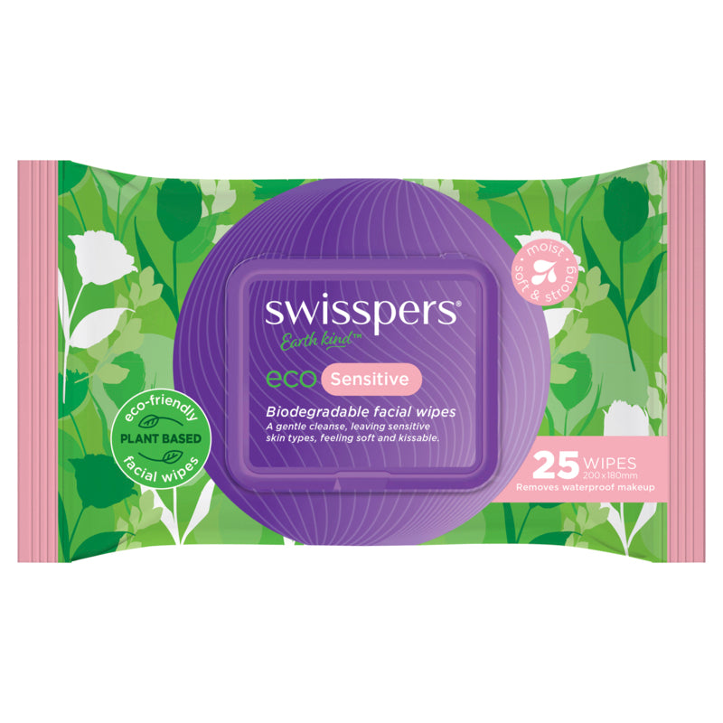 Swisspers Eco Sensitive Biodegradable Facial Wipes - 25 Pack