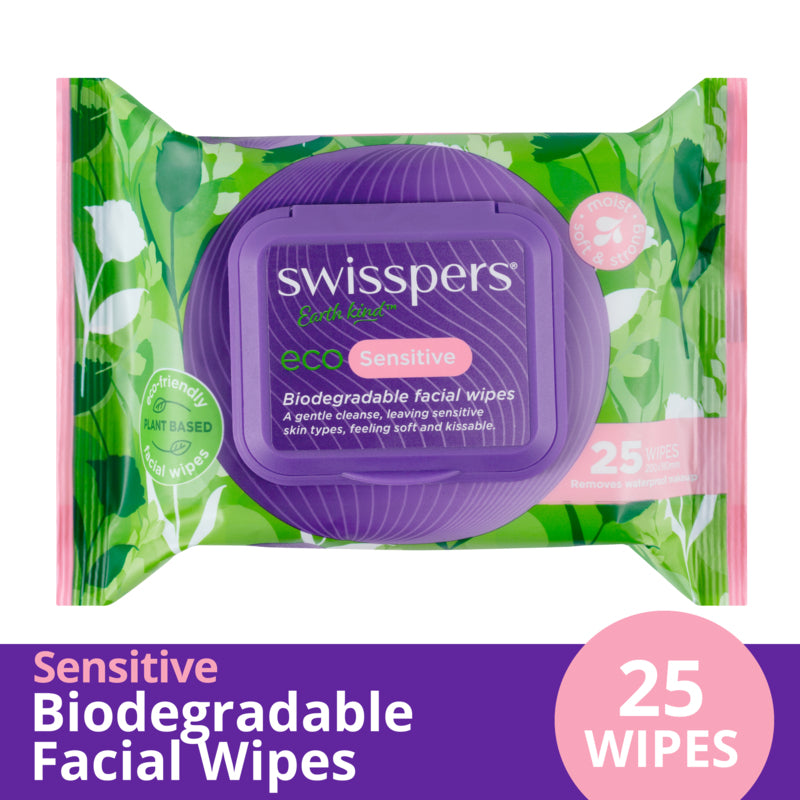 Swisspers Eco Sensitive Biodegradable Facial Wipes - 25 Pack