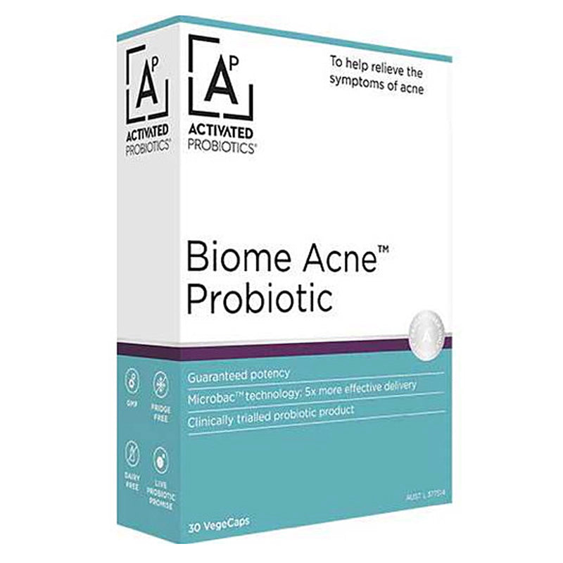 Biome Acne Probiotic packaging with Activated Probiotics logo on a white background
