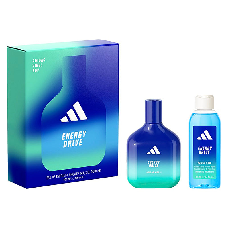Adidas Energy Drive perfume set with packaging and bottles on a white background