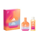 Adidas 'Get Comfy' perfume set with packaging and bottles on a white background