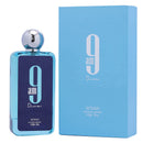 Afnan 9AM Dive Homme Eau de Parfum 100ml spray in a grass bottle with its baby blue box on a white background. 